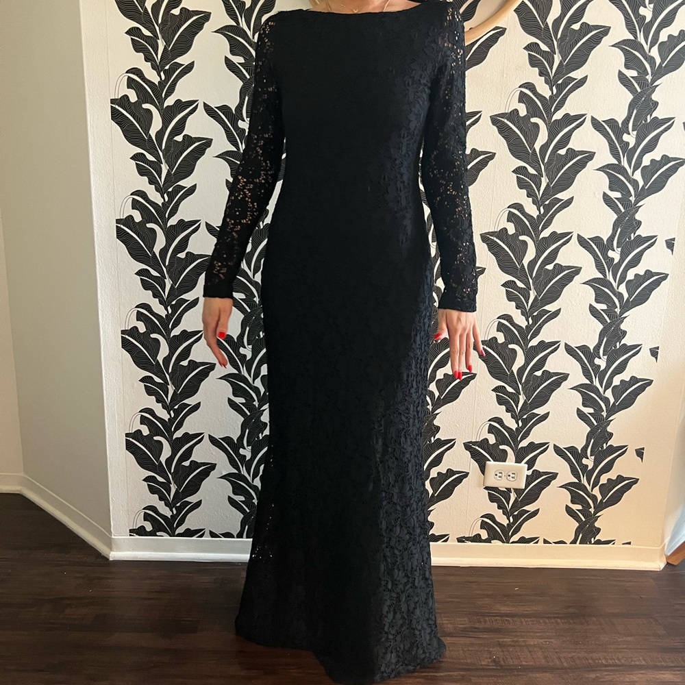 Long sleeve black lace formal floor length dress